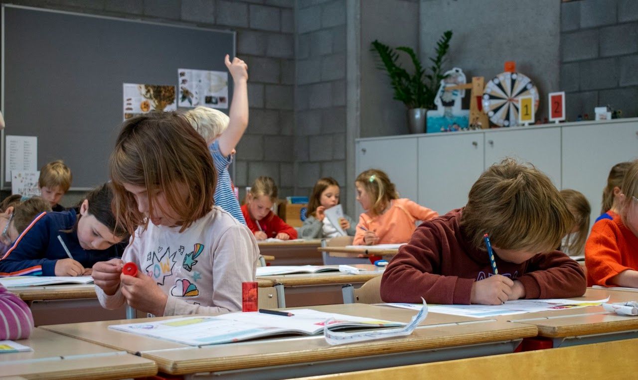 Een leerling steekt de hand op in de klas